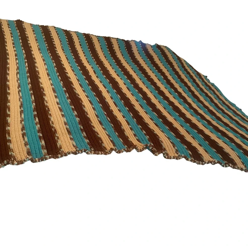 Handmade Crochet Striped Throw Blanket Brown Turquoise Tan Boho Afghan 109